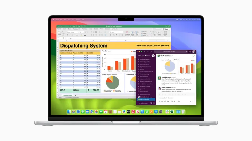 MacBook Air M3 mở bảng tính Excel và Slack cạnh nhau