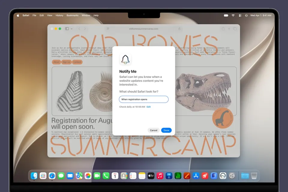 Tính năng Notify Me theo dõi thay đổi trang web trong Safari macOS 27