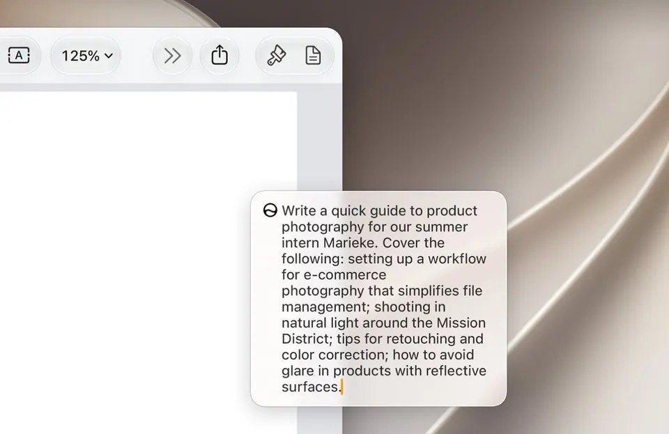 Hộp nhập yêu cầu của công cụ viết Apple Intelligence trên macOS