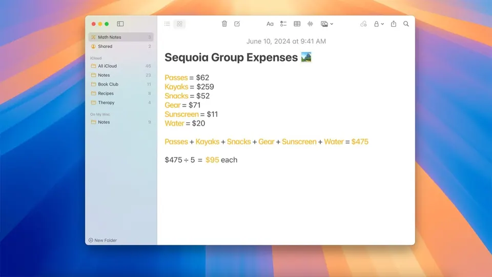Giao diện app Notes trên macOS với thư mục và ghi chú được ghim