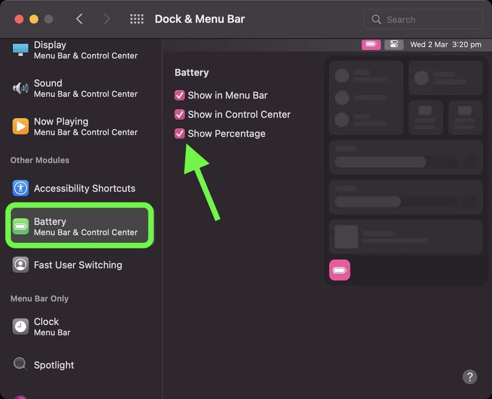 Cài đặt Dock & Menu Bar trên macOS, mục Battery với tuỳ chọn Show in Menu Bar và Show in Control Center