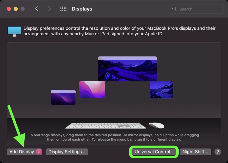 Mục Displays trong cài đặt macOS với sơ đồ sắp xếp màn hình và nút Add Display