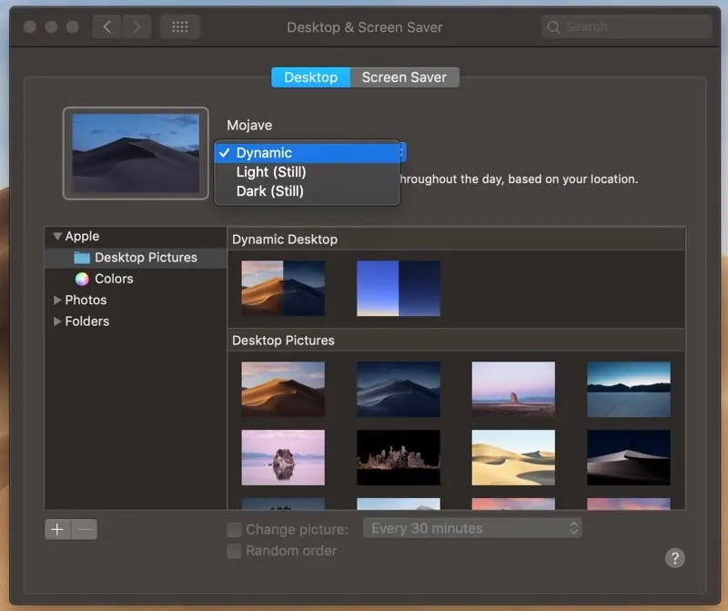 Cài đặt Desktop & Screen Saver trên macOS Mojave với tuỳ chọn Dynamic cho hình nền Mojave