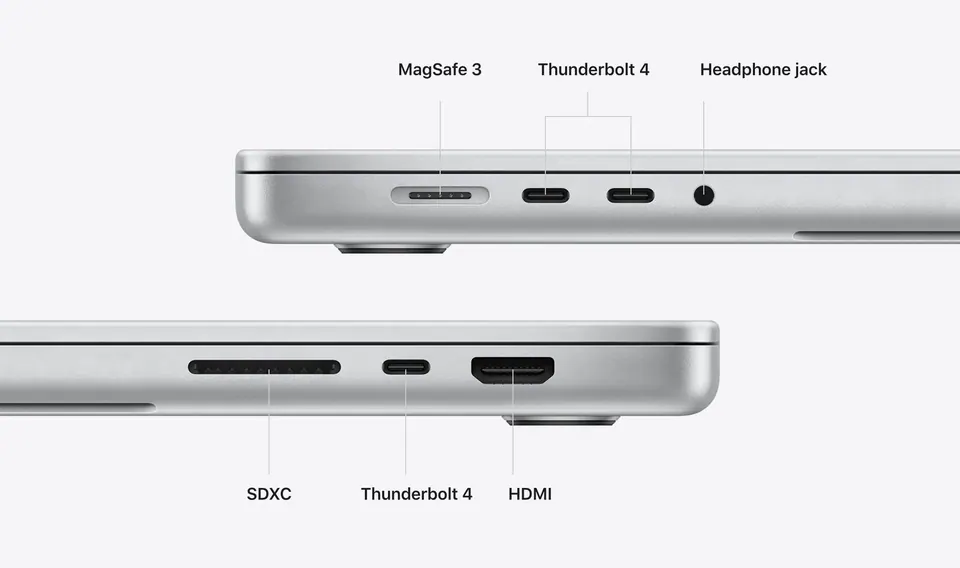 Các cổng MagSafe 3, Thunderbolt 4, HDMI và khe SDXC hai bên thân MacBook Pro