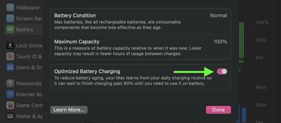 Hộp thoại Battery Health trên Mac với công tắc Optimized Battery Charging