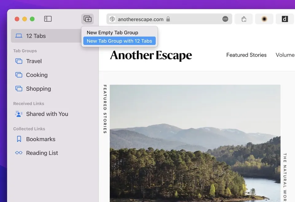 Sidebar Safari trên Mac liệt kê các nhóm tab Travel, Cooking, Shopping và menu tạo nhóm tab mới