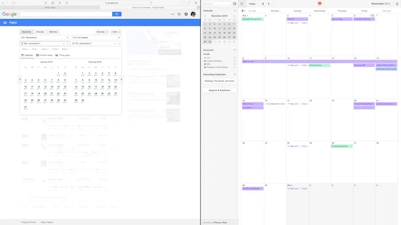 Hai ứng dụng Safari và Lịch chia đôi màn hình Mac ở chế độ Split View