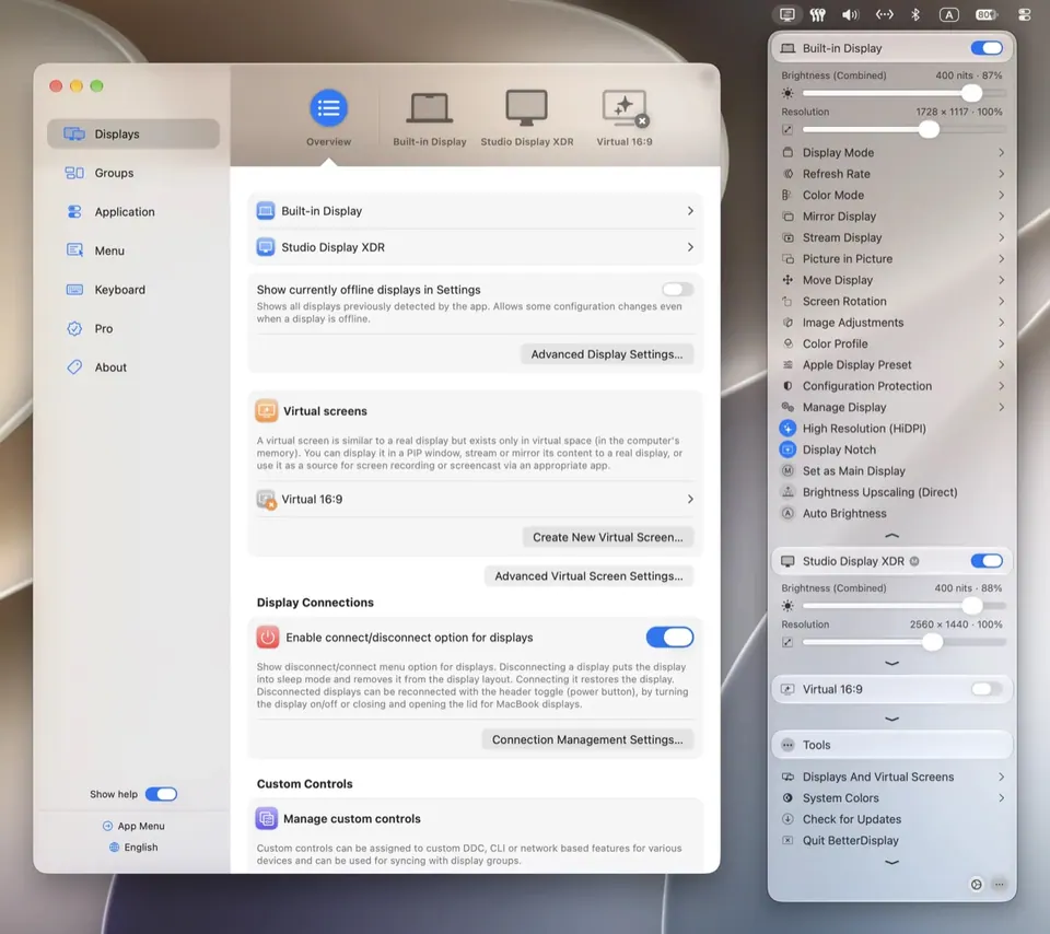Giao diện quản lý màn hình của BetterDisplay. (Ảnh: betterdisplay.pro)