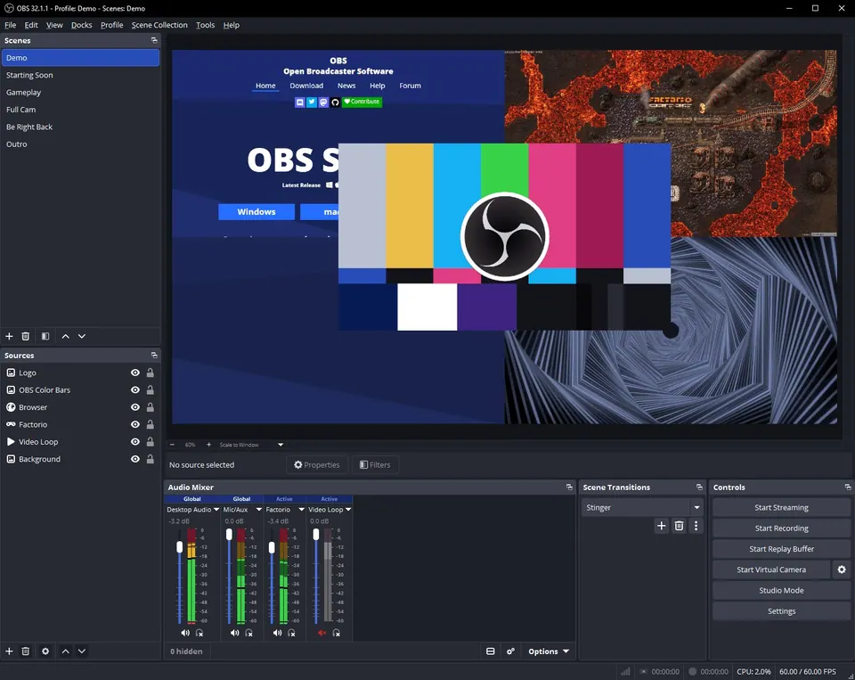 Giao diện OBS Studio với các khung Scenes, Sources, Audio Mixer