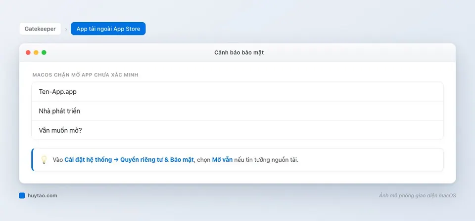 Cảnh báo Gatekeeper macOS khi mở app tải ngoài App Store