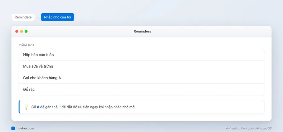 Danh sách nhắc nhở trên macOS với các mục việc cần làm