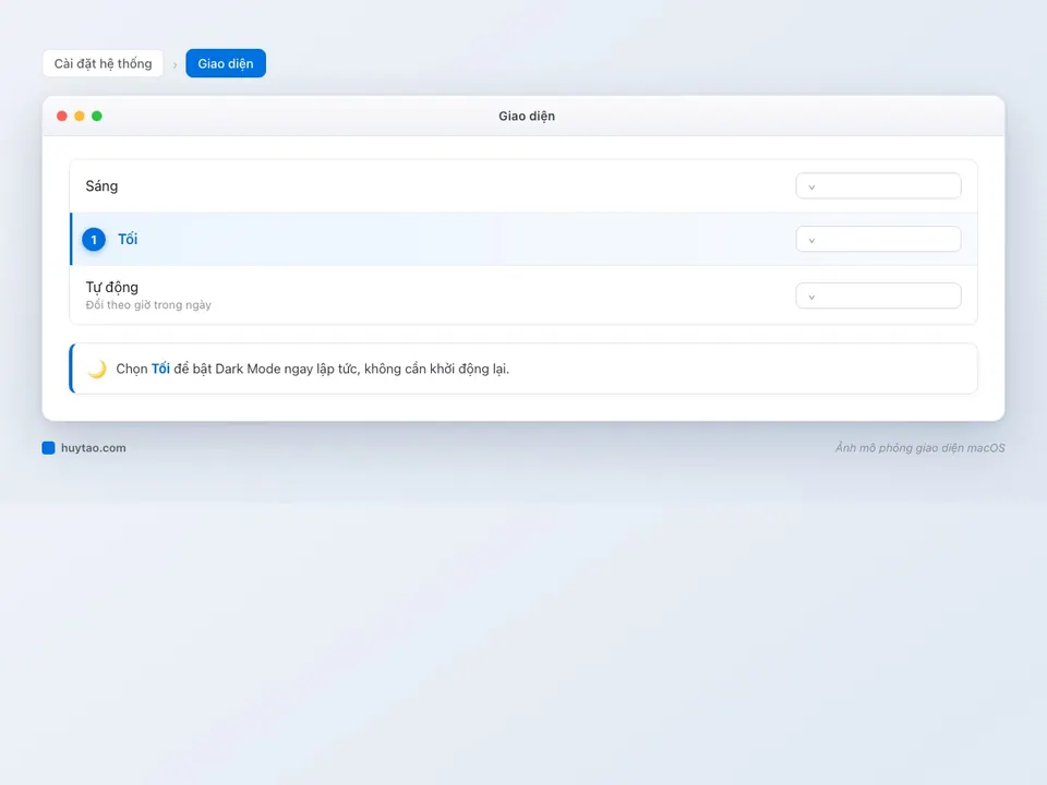 Mục chọn giao diện Sáng, Tối, Tự động trong Cài đặt hệ thống trên macOS