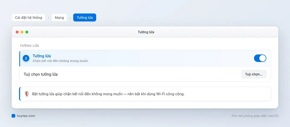 Công tắc bật Tường lửa trong Cài đặt hệ thống macOS