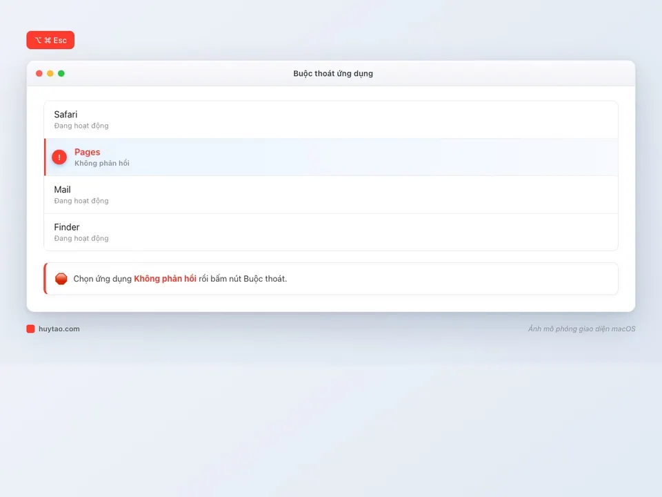 Cửa sổ Buộc thoát ứng dụng trên macOS hiển thị app không phản hồi