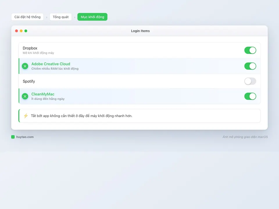 Danh sách Login Items trong Cài đặt hệ thống macOS, tắt app tự khởi động cùng máy
