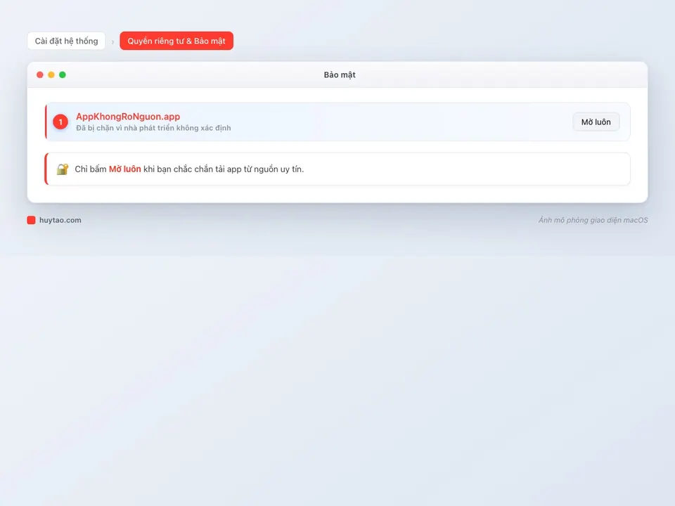 Mục Quyền riêng tư và Bảo mật trên macOS với tuỳ chọn Mở luôn cho app bị chặn