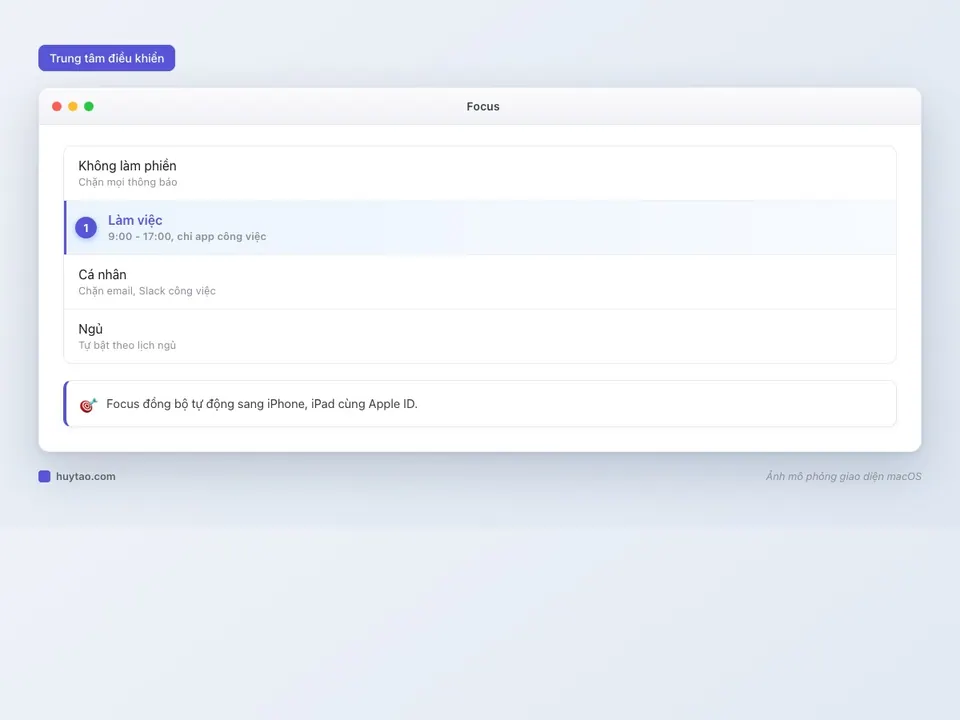 Danh sách các chế độ Focus trong Trung tâm điều khiển macOS