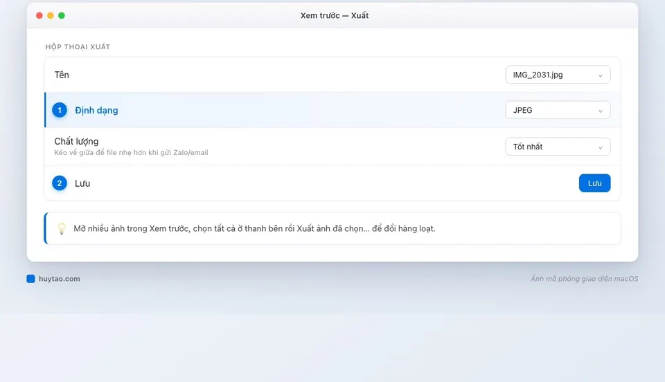 Hộp thoại Xuất của app Xem trước với định dạng JPEG và thanh chất lượng