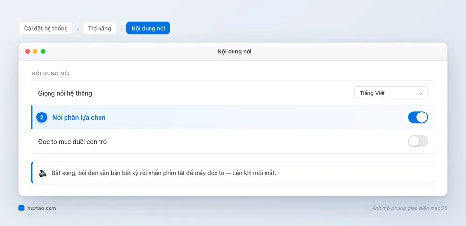 Cài đặt Nội dung được nói trong Trợ năng macOS