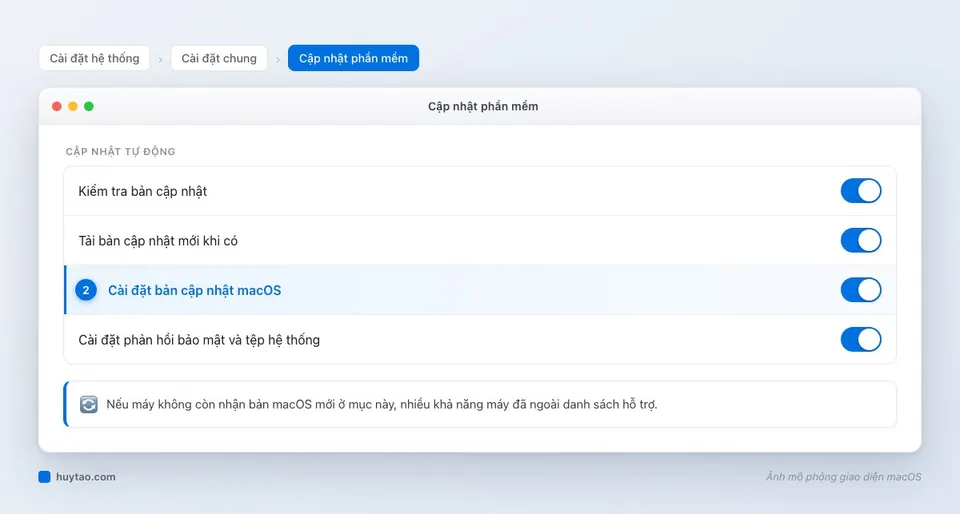 Mục Cập nhật phần mềm trong Cài đặt hệ thống macOS với tuỳ chọn cập nhật tự động