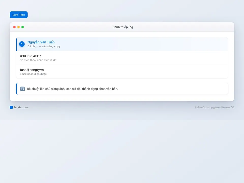 Live Text nhận dạng và chọn văn bản trong ảnh danh thiếp trên macOS