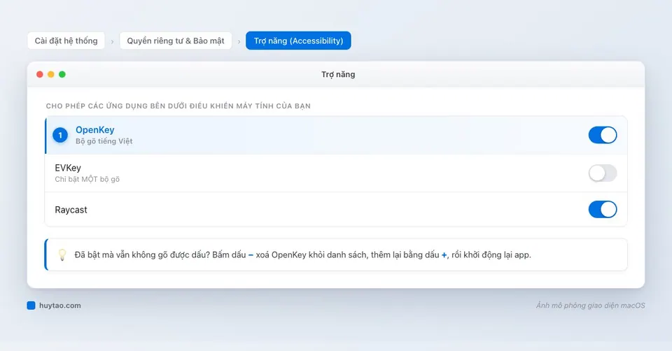 Mô phỏng Cài đặt hệ thống macOS, mục Trợ năng với OpenKey được bật