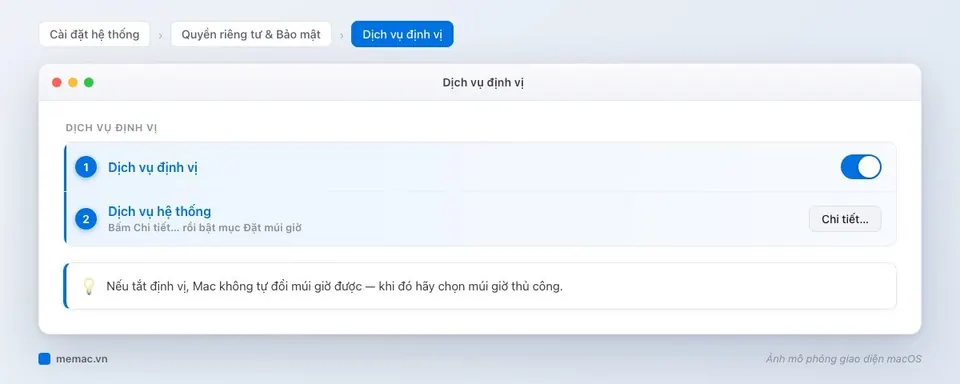 Dịch vụ định vị trong Quyền riêng tư & Bảo mật, mục Dịch vụ hệ thống với nút Chi tiết