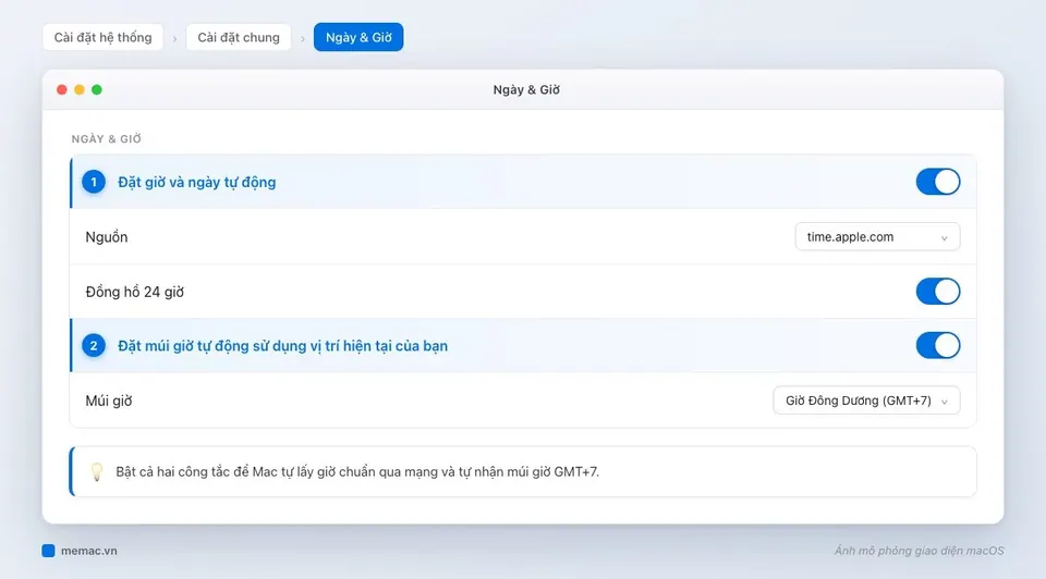Mục Ngày & Giờ trong Cài đặt hệ thống với công tắc Đặt giờ và ngày tự động và múi giờ GMT+7