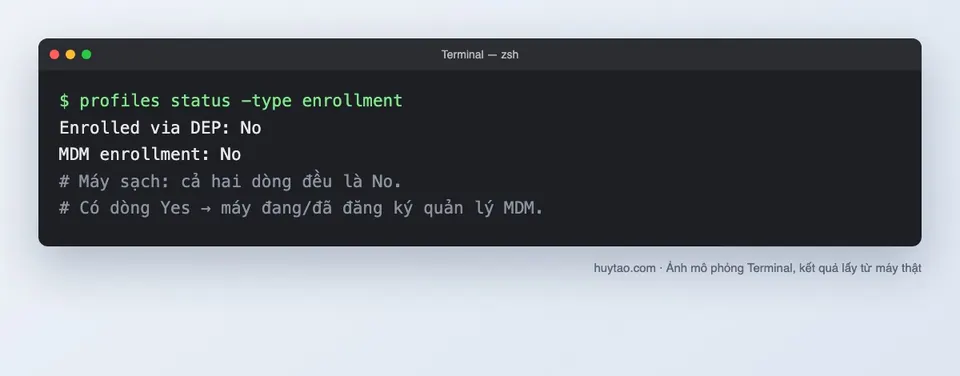 Lệnh profiles status -type enrollment trong Terminal trên MacBook