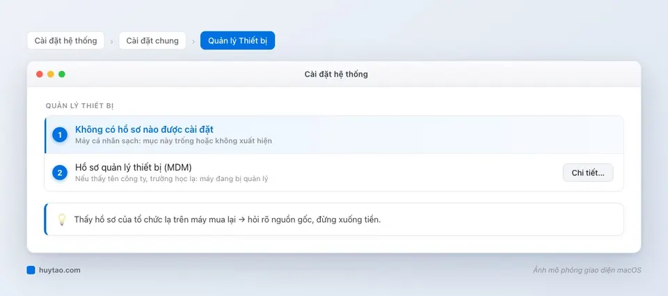 Mục Quản lý Thiết bị trong Cài đặt chung của MacBook