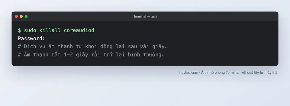 Lệnh sudo killall coreaudiod trong Terminal để khởi động lại âm thanh MacBook