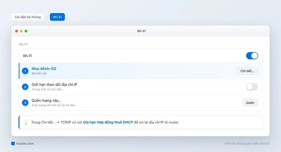 Mô phỏng Cài đặt hệ thống, mục Wi-Fi với nút Chi tiết, Giới hạn theo dõi địa chỉ IP và Quên mạng này