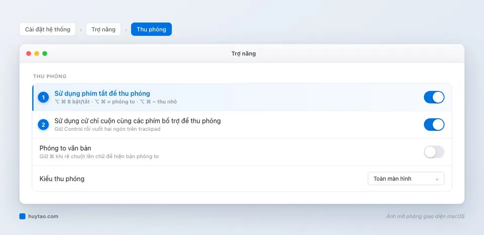 Cài đặt Thu phóng trong Trợ năng trên MacBook