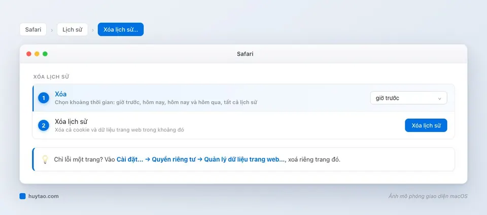 Menu Lịch sử, Xóa lịch sử trong Safari trên MacBook