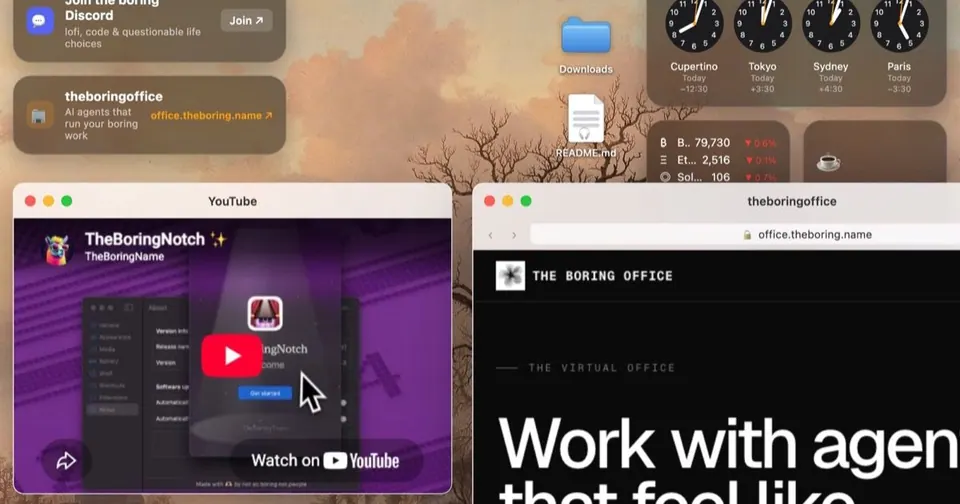 Boring Notch trên desktop macOS. (Ảnh: theboring.name)