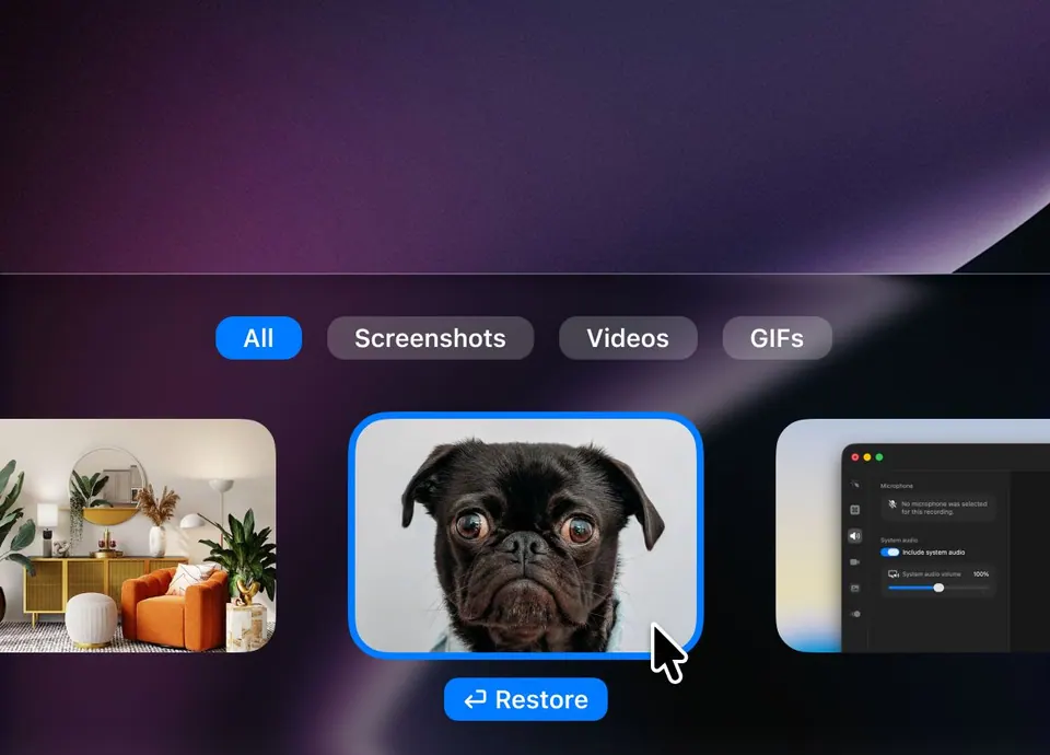 Lịch sử chụp của CleanShot X, lọc ảnh, video, GIF. (Ảnh: cleanshot.com)