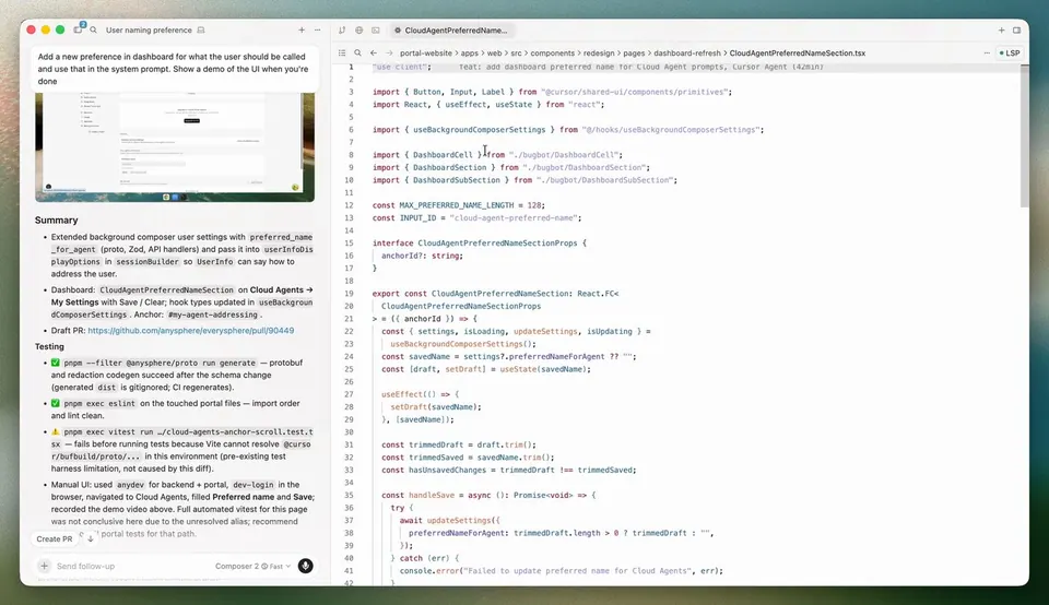 Cửa sổ Agents của Cursor với danh sách tác vụ và code. (Ảnh: cursor.com/docs)
