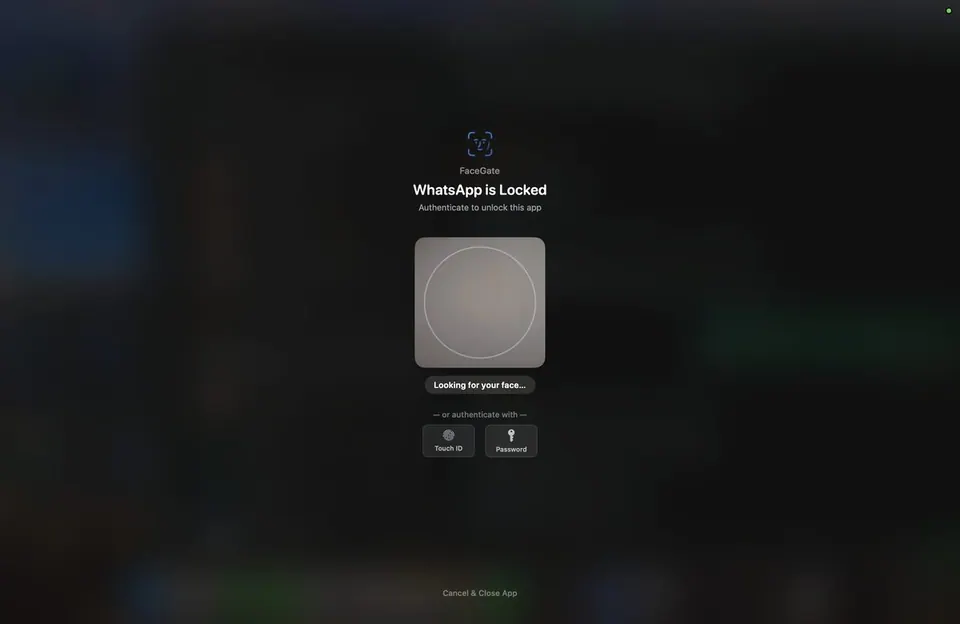 FaceGate chặn mở WhatsApp và yêu cầu nhận diện khuôn mặt. (Ảnh: GitHub dweep-desai/FaceGate-Mac)