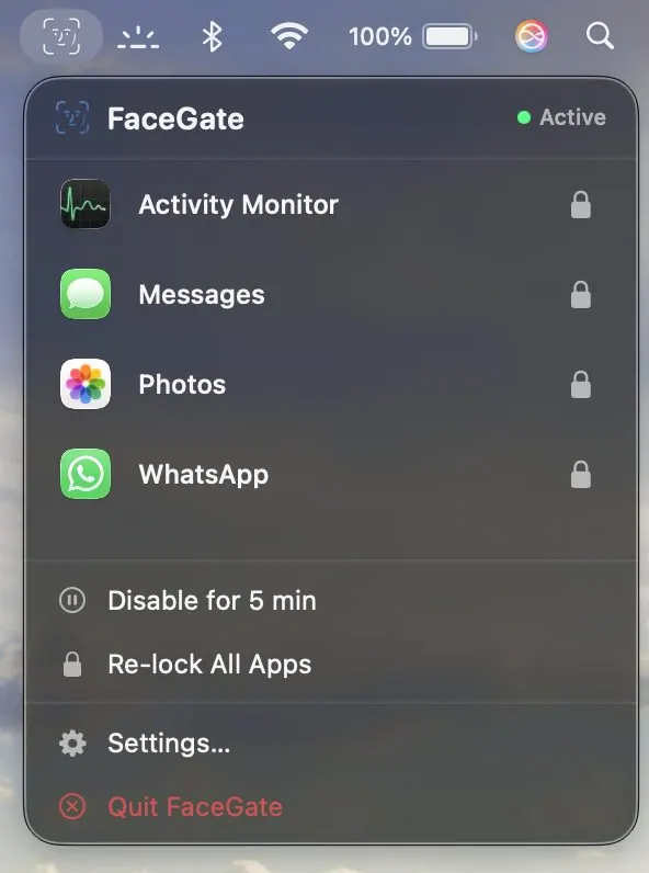 Menu bar FaceGate liệt kê các app đang bị khoá. (Ảnh: GitHub dweep-desai/FaceGate-Mac)
