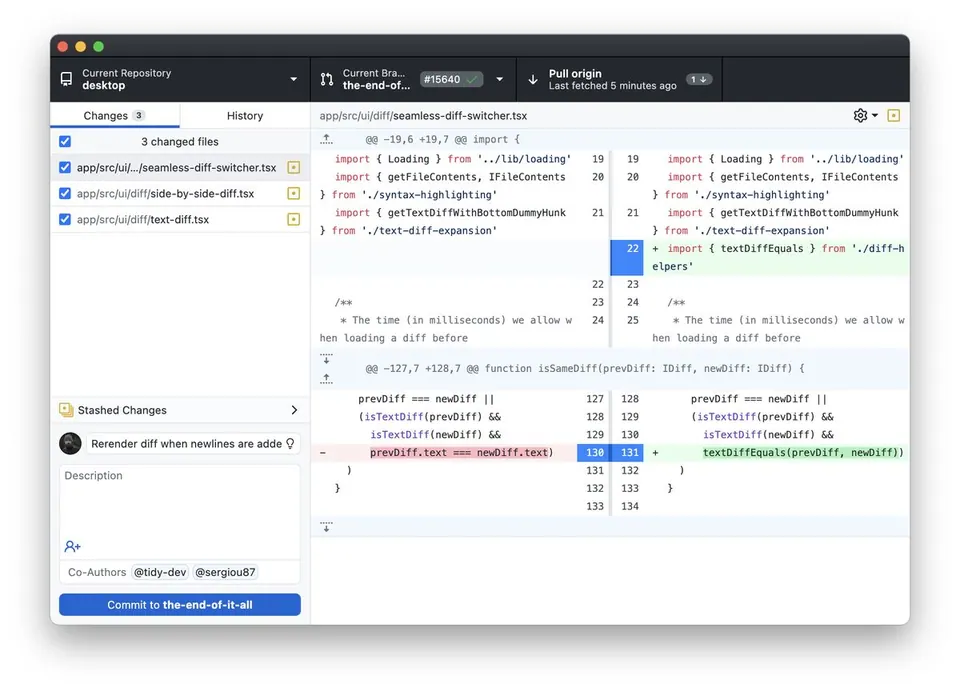 Giao diện GitHub Desktop: danh sách file thay đổi và diff. (Ảnh: GitHub desktop/desktop)