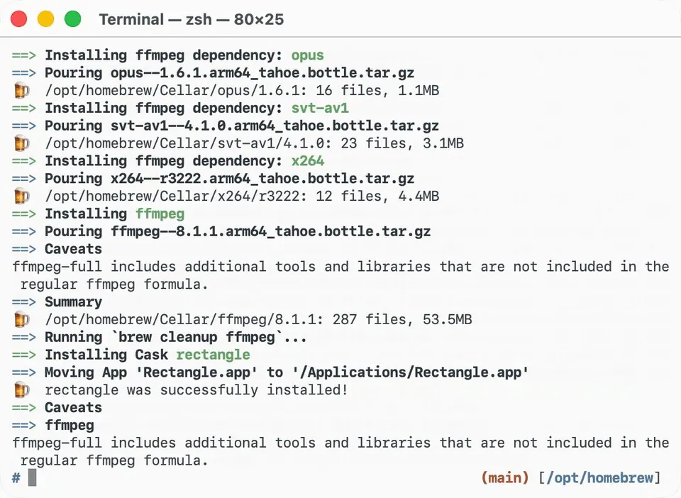 Chạy lệnh brew install ffmpeg rectangle trong Terminal. (Ảnh: brew.sh)