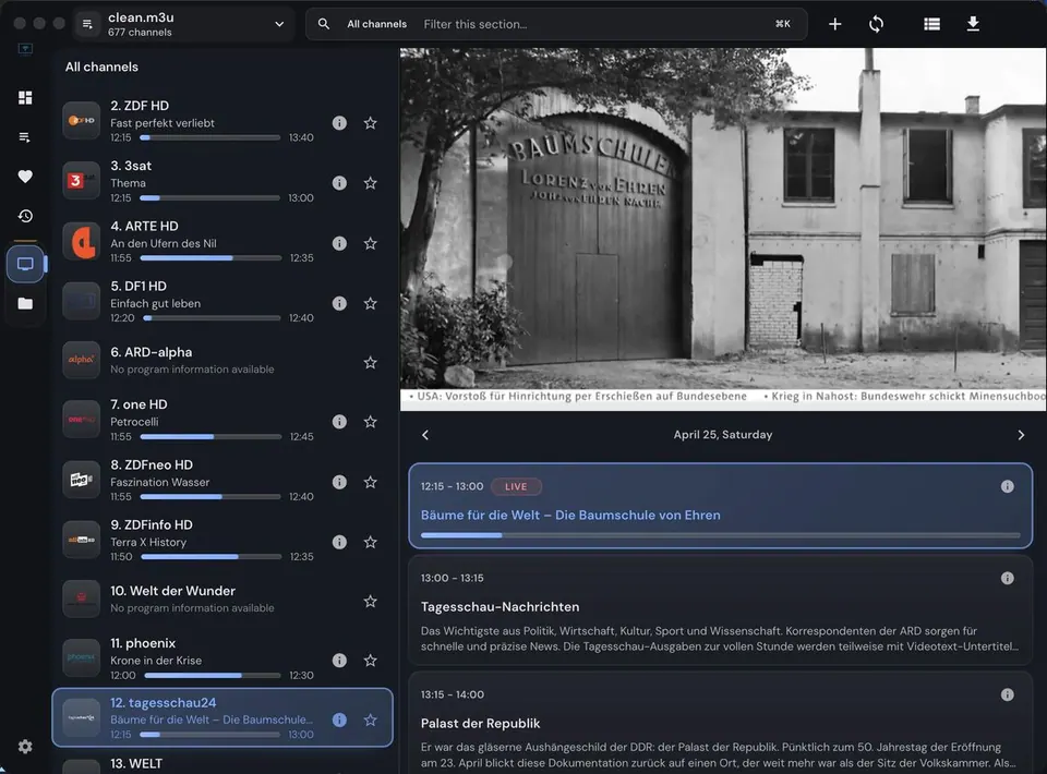 Trình phát IPTVnator kèm danh sách kênh và lịch phát sóng. (Ảnh: GitHub 4gray/iptvnator)