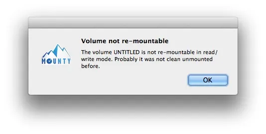 Thông báo của Mounty khi ổ NTFS chưa được tháo đúng cách từ Windows. (Ảnh: mounty.app)