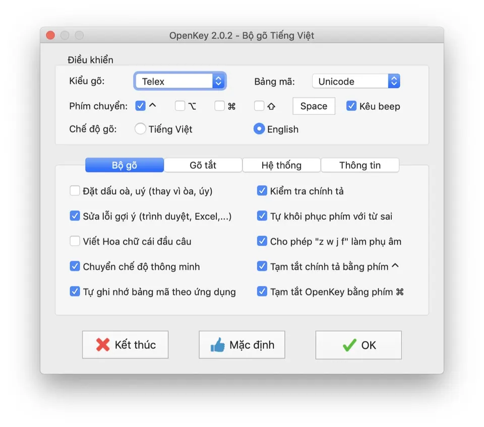 Cửa sổ cài đặt OpenKey với đầy đủ tuỳ chọn kiểu gõ