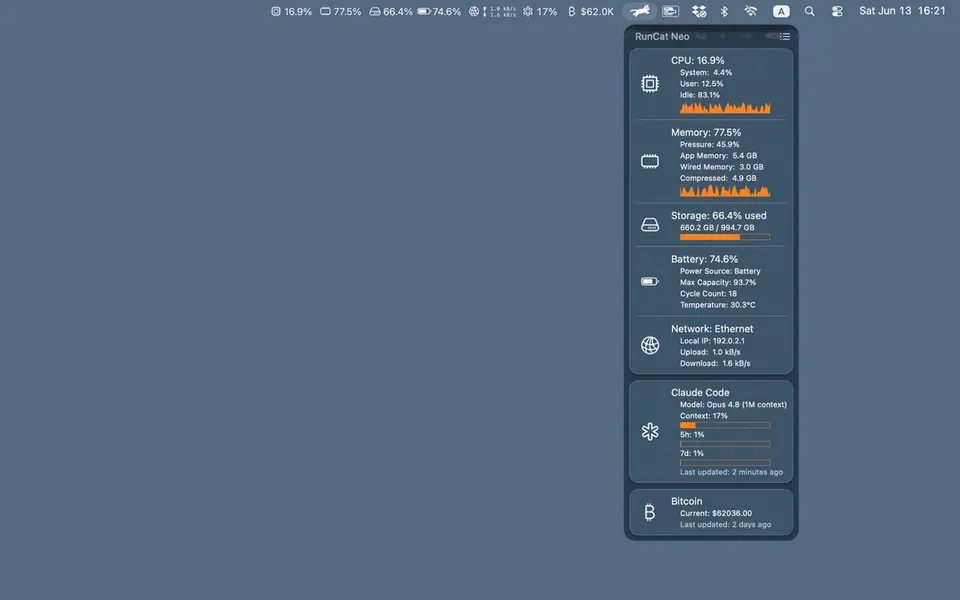 RunCat Neo trên menu bar và popover thông số hệ thống. (Ảnh: Mac App Store)