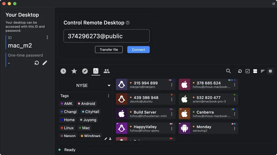 Cửa sổ chính RustDesk trên macOS: ID, mật khẩu và danh sách máy. (Ảnh: rustdesk.com)
