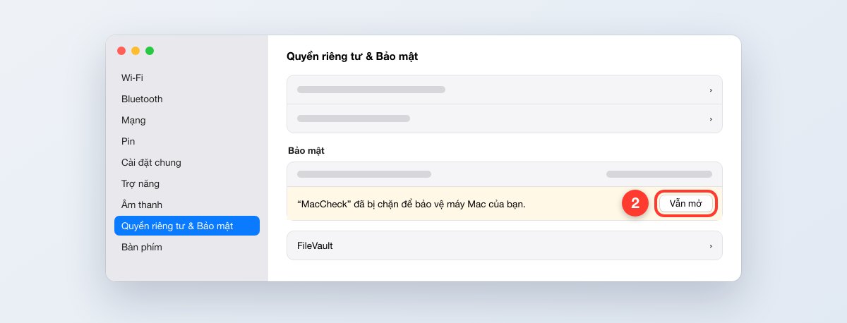 Bước 2: Quyền riêng tư & Bảo mật, bấm Vẫn mở cho MacCheck