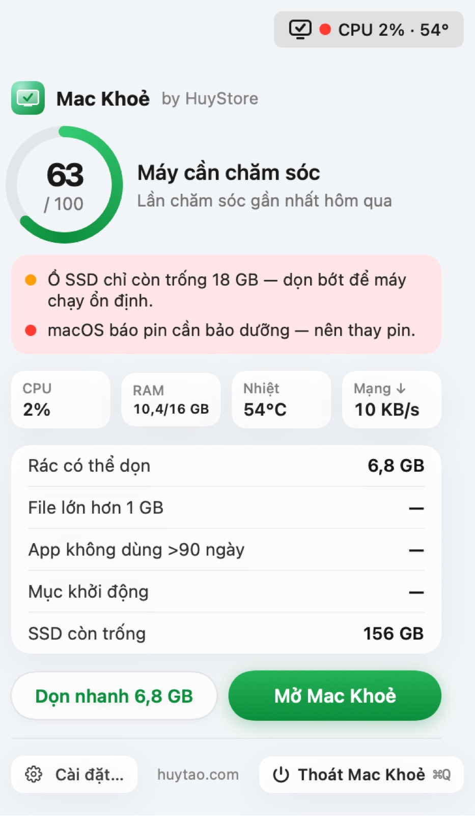 Bảng thanh menu của Mac Khoẻ với cảnh báo ổ đầy và pin — dữ liệu minh hoạ