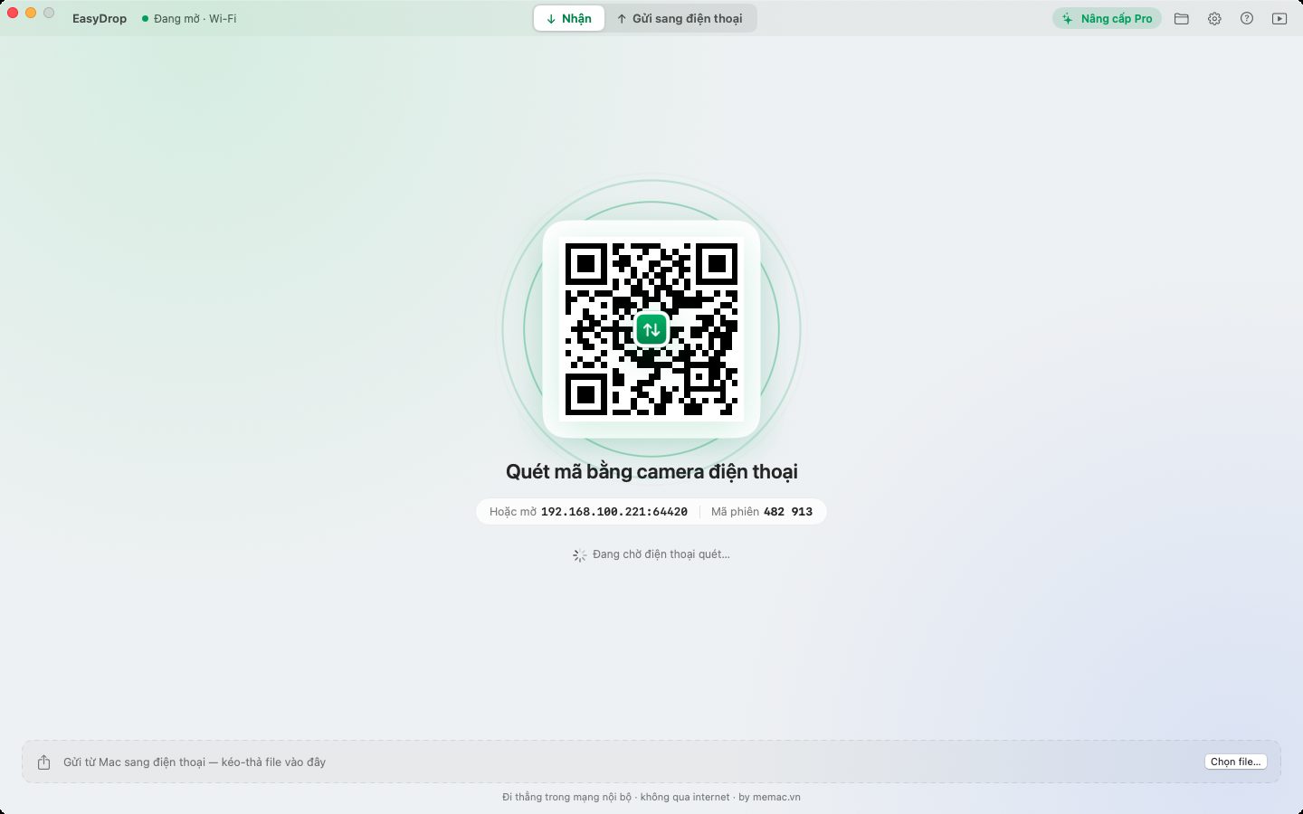 EasyDrop trên Mac hiện mã QR để điện thoại quét