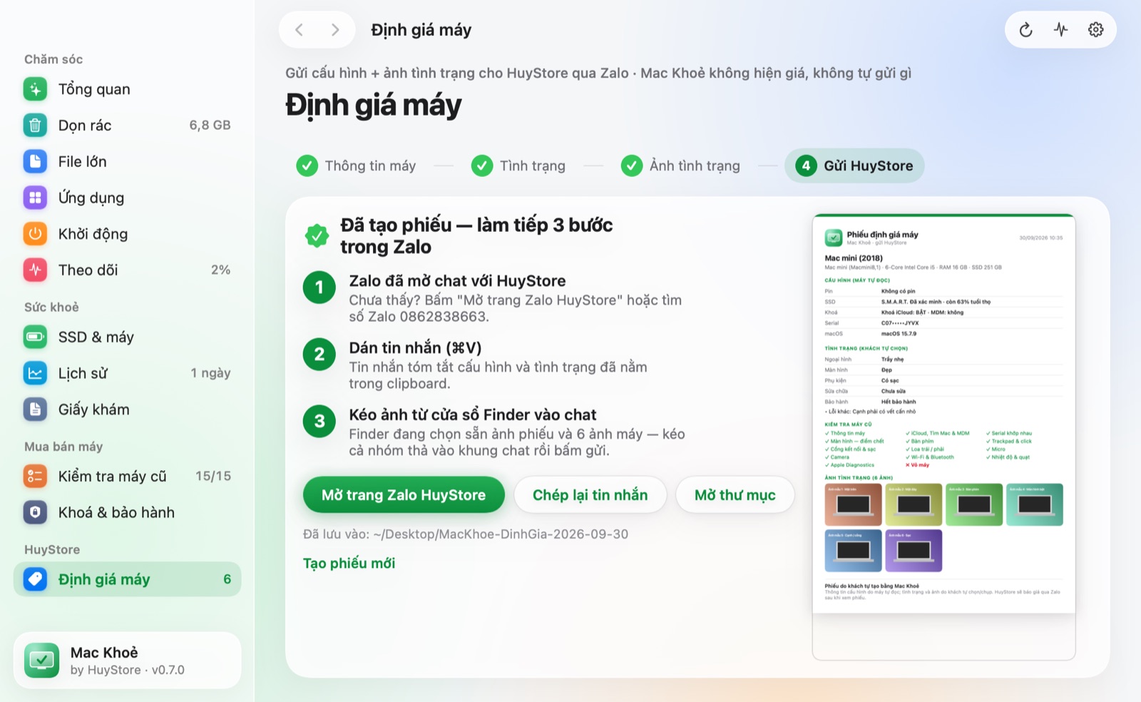 Màn gửi HuyStore định giá qua Zalo trong Mac Khoẻ